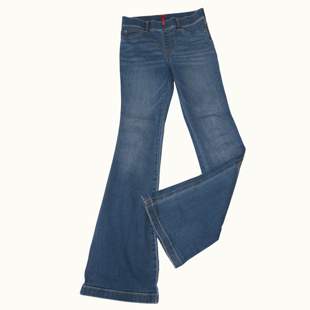 Spanx Women Blue Flare Jeans Pull On High Rise Stretch Denim Size Small